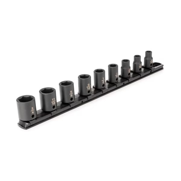 3/8 Inch Drive 6-Point Impact Socket Set with Rail, 9-Piece (5/16-3/4 in.), Tekton, Mfr#: SID91100